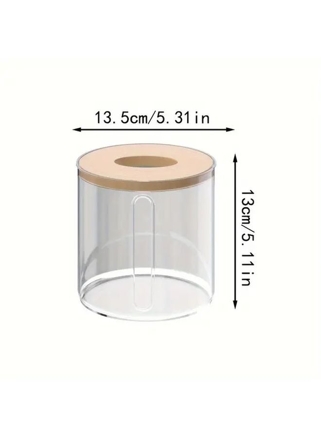 Transparent Silvery Round Tissue Box With Bamboo Lid Bathroom Living Room Storage Container - Image 2
